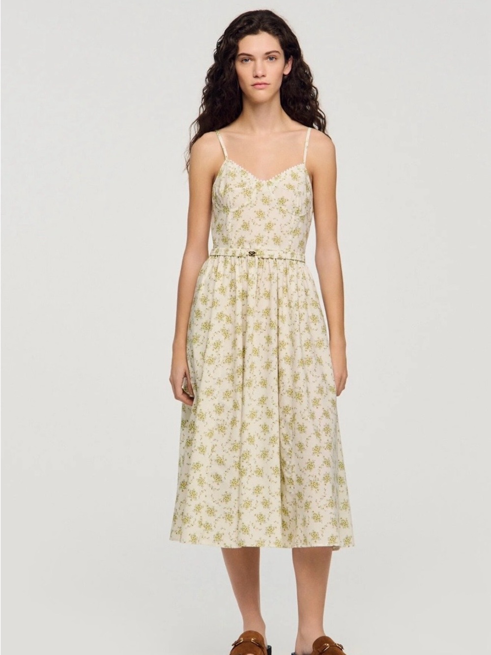 Sandro LucetteFloral Spaghetti-Strap Midi Dress in Cream and Olive
